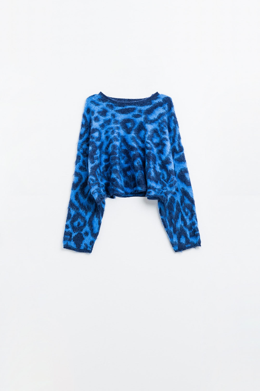 Camisola azul com estampado de leopardo em tecido de malha com lã