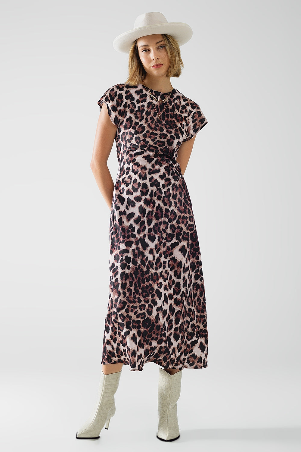 Vestido maxi com estampado de leopardo e pormenor de nó na cintura