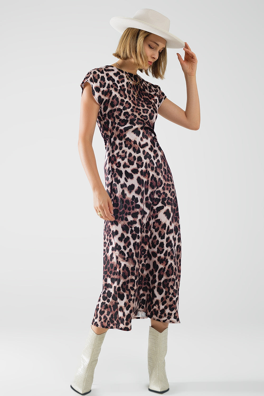Vestido maxi com estampado de leopardo e pormenor de nó na cintura