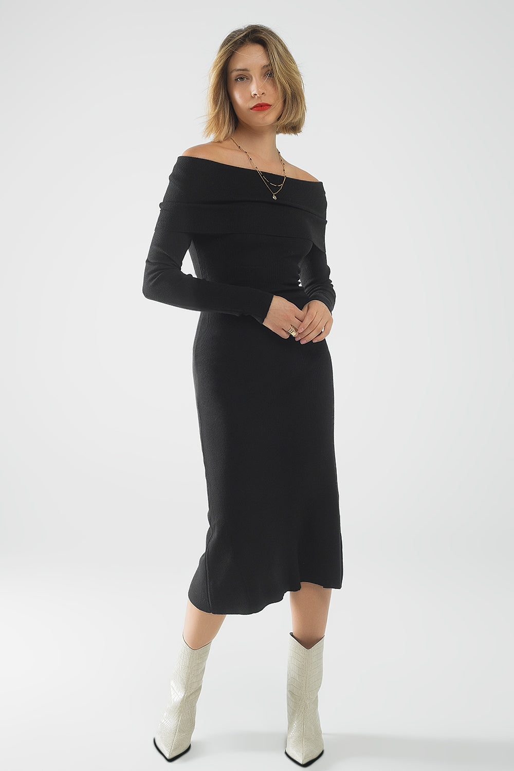 Vestido Maxi Bardot largo em malha preto
