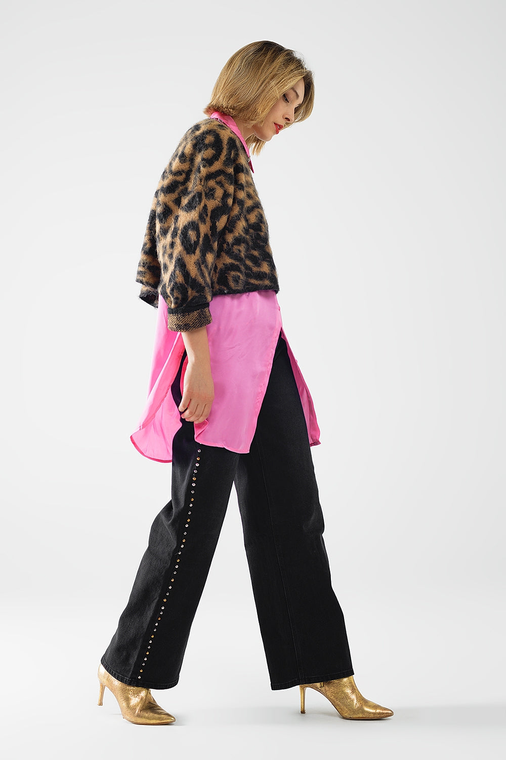 Camisola preta com estampado de leopardo em tecido de malha com lã