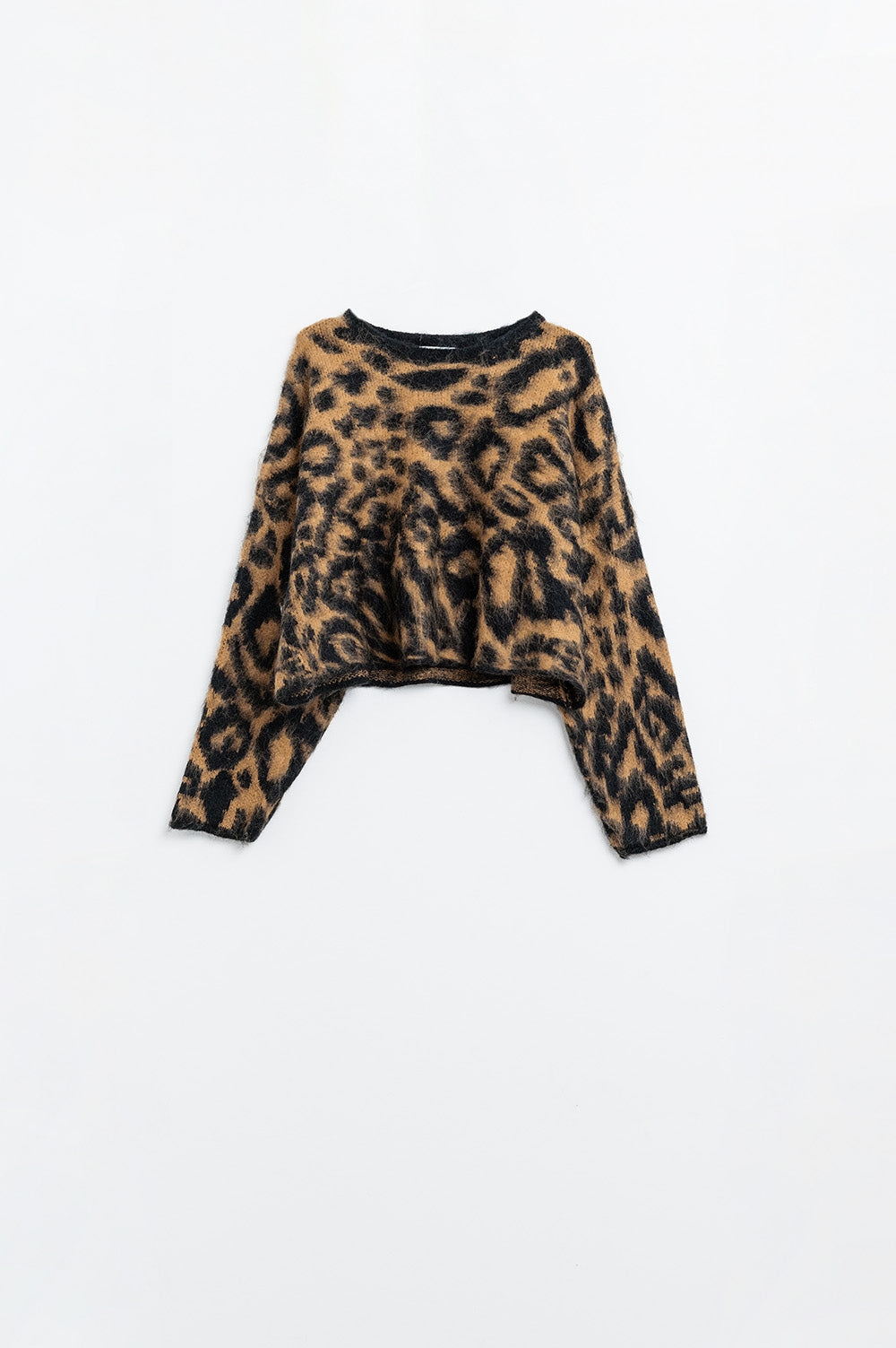 Camisola preta com estampado de leopardo em tecido de malha com lã