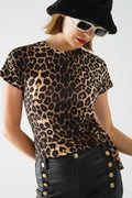 T-shirt em spandex com estampado de leopardo e pormenor de laço