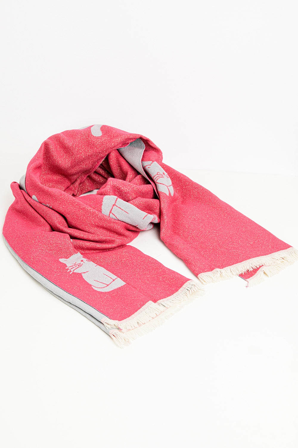Cachecol largo de malha macia em cor-de-rosa com estampado de gato