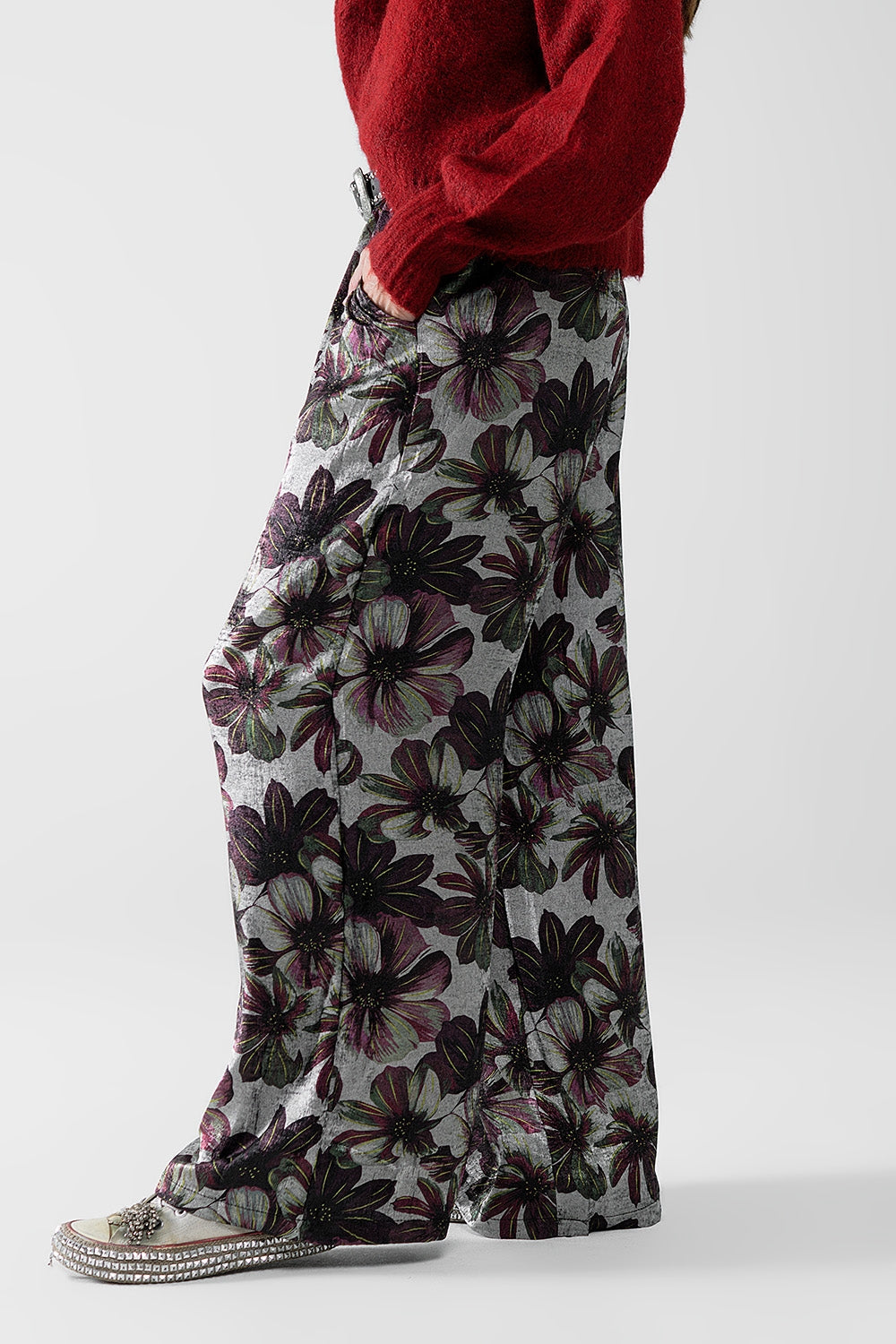 calças de perna larga com estampado floral