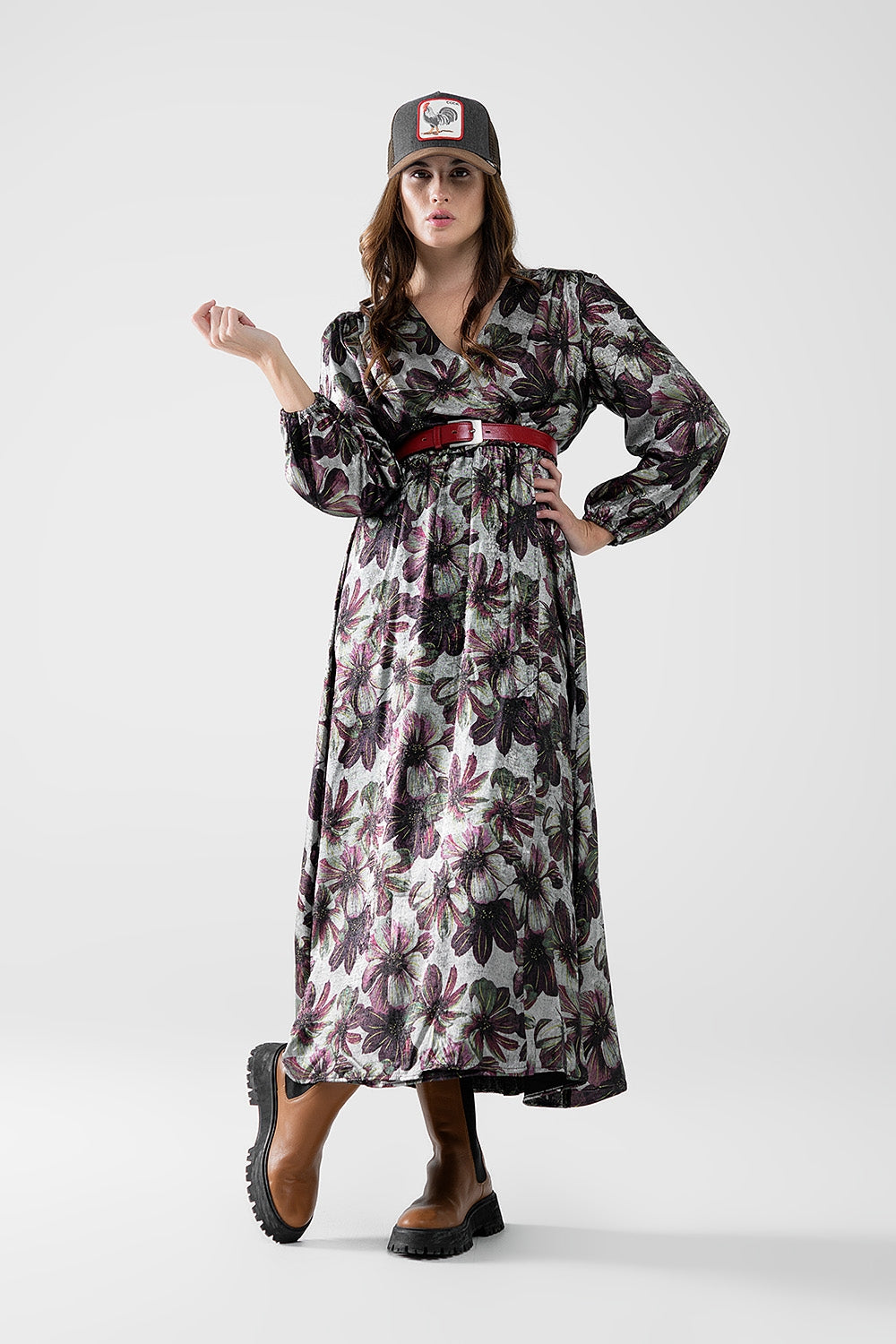 vestido maxi com estampado de flores de efeito metálico
