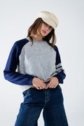 Camisola bicolor com manga raglan em azul-marinho e cinzento
