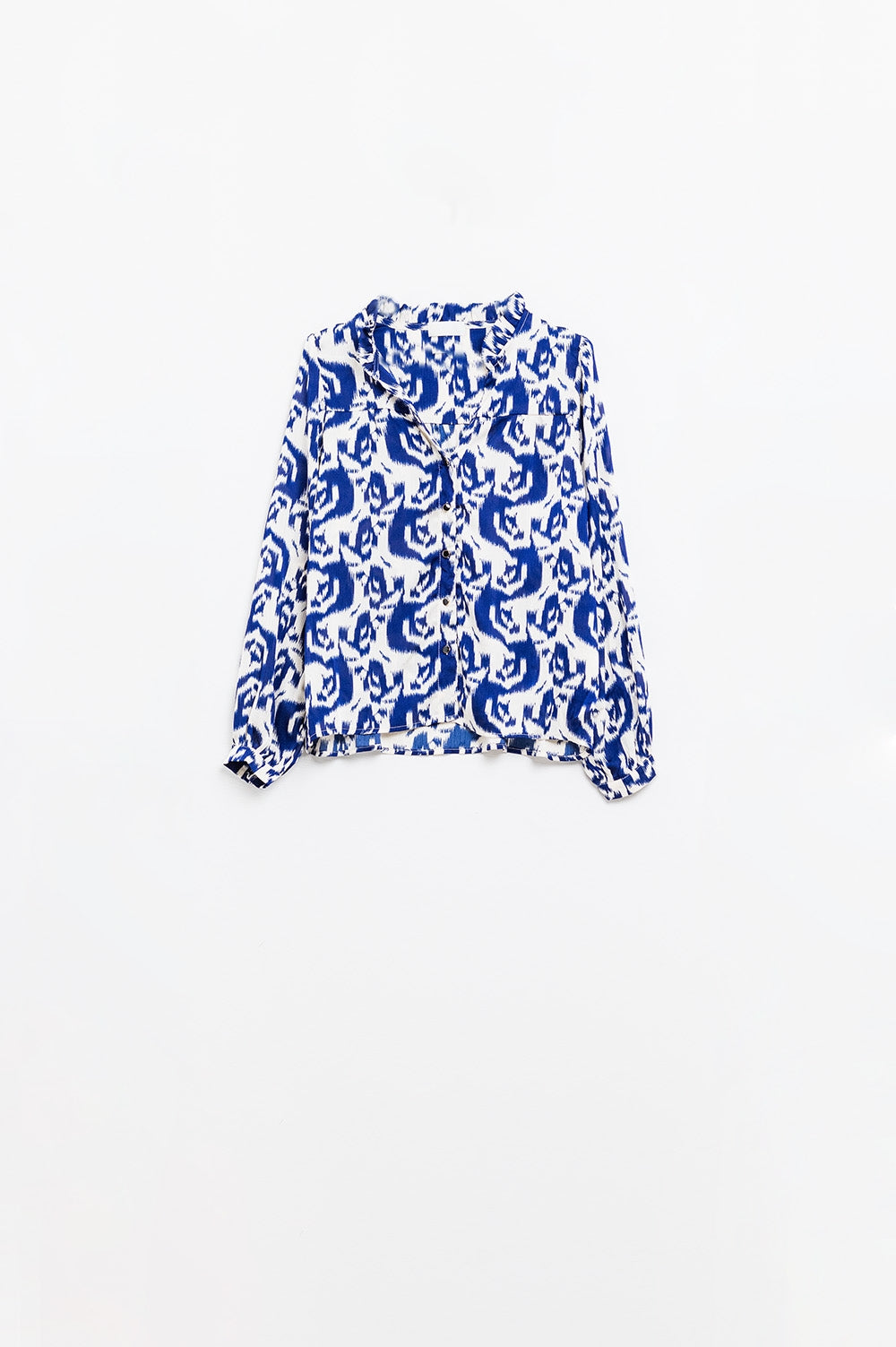 Blusa de manga balão com estampado abstrato em azul-marinho e branco