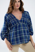 Camisa aos quadrados Babydoll em azul e verde