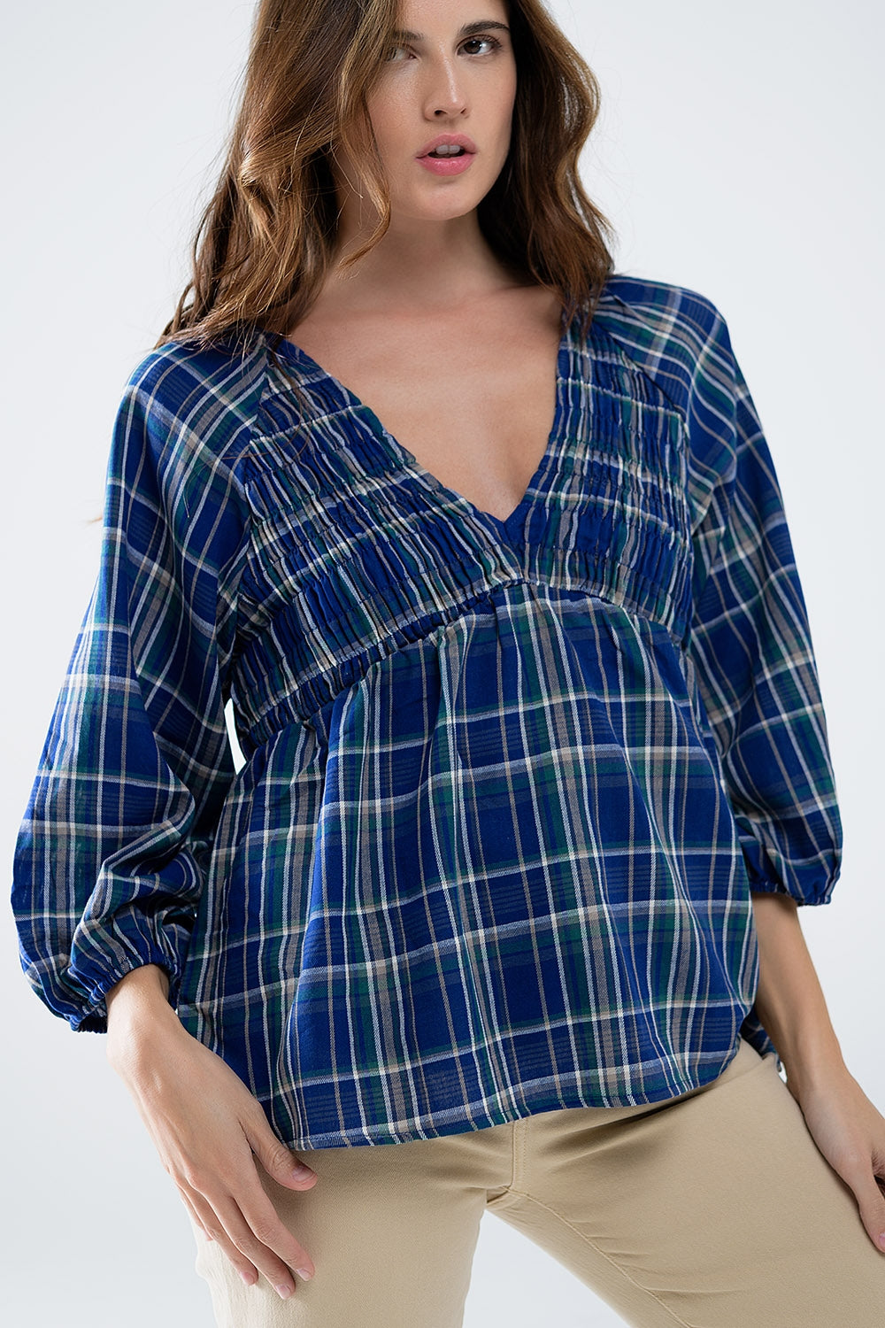 Camisa aos quadrados Babydoll em azul e verde
