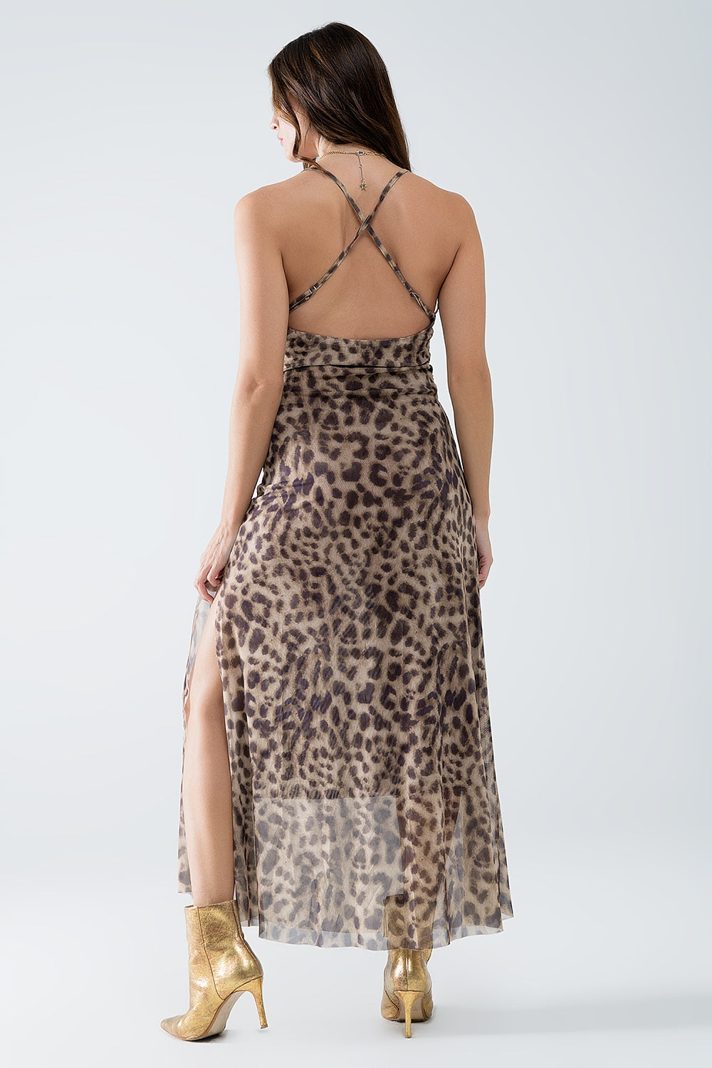 Vestido de alças de leopardo em tecido de malha