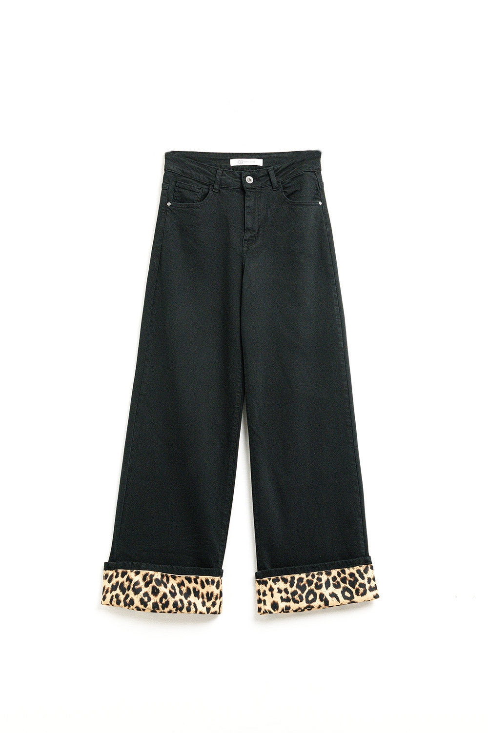 Calças pretas de perna larga com estampado de leopardo na parte inferior