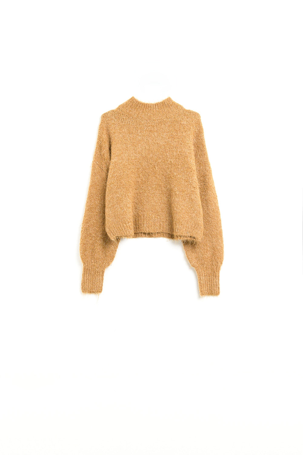 Camisola camel fofa com gola alta e mangas em balão