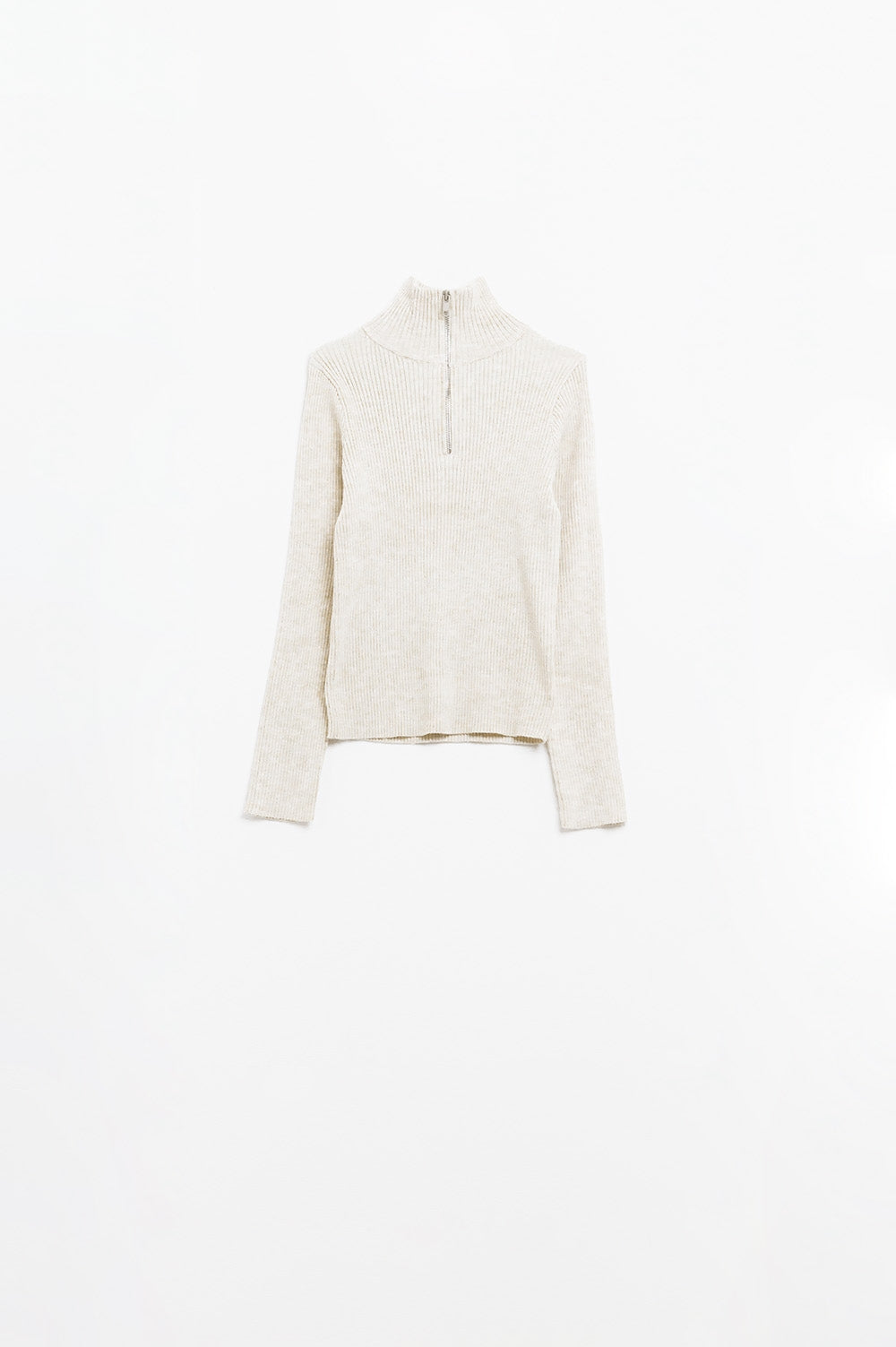 camisola com nervuras em creme e fecho de correr