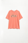 Camiseta laranja relaxada com Ciao em estampa de leopardo