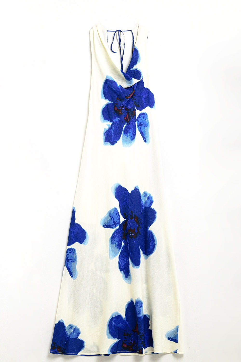 Vestido longo azul fluido sem mangas com estampa floral