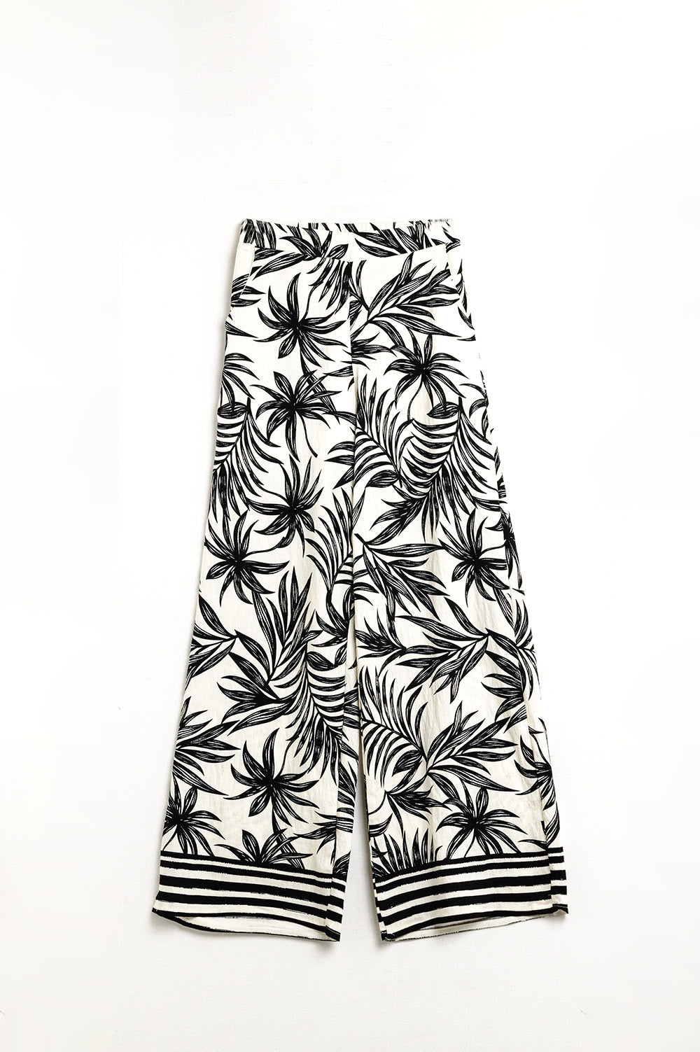 Calças de Pernas Largas em Branco com Detalhe Floral em Preto