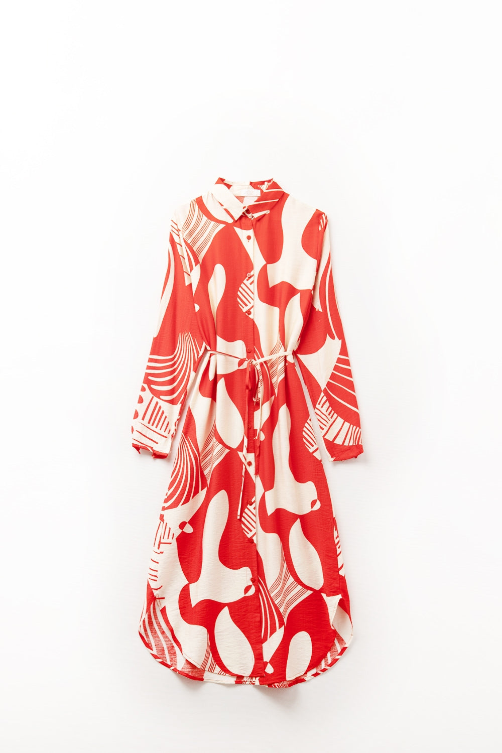 vestido de botões com estampado abstrato em vermelho