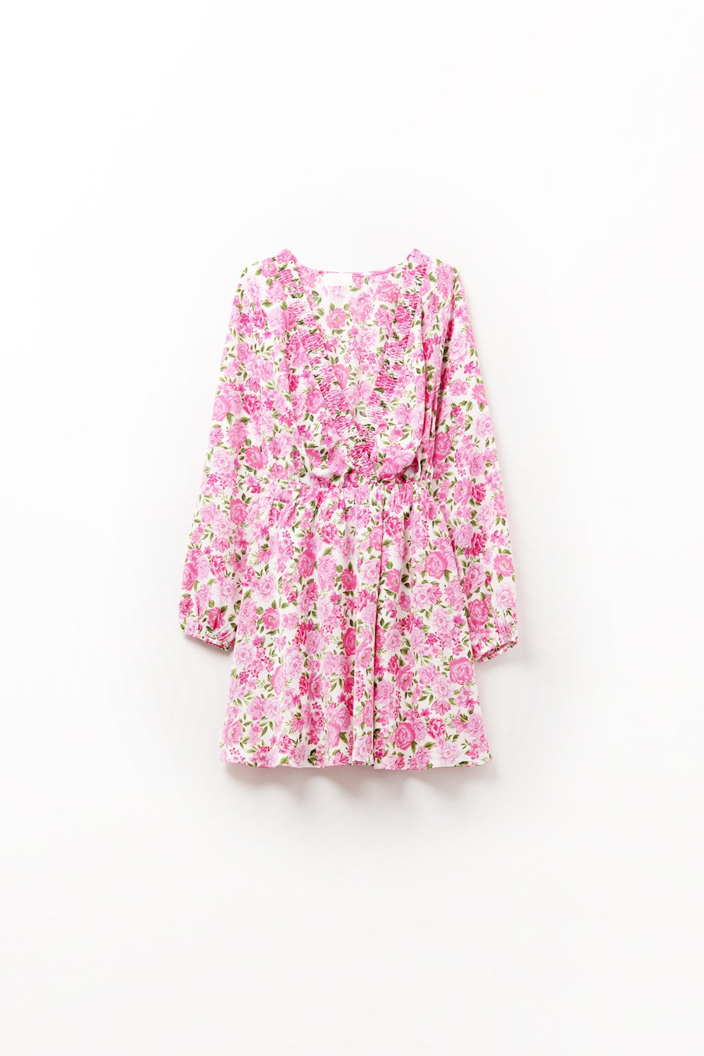 Vestido floral com decote em V com flores cor-de-rosa e pormenores verdes