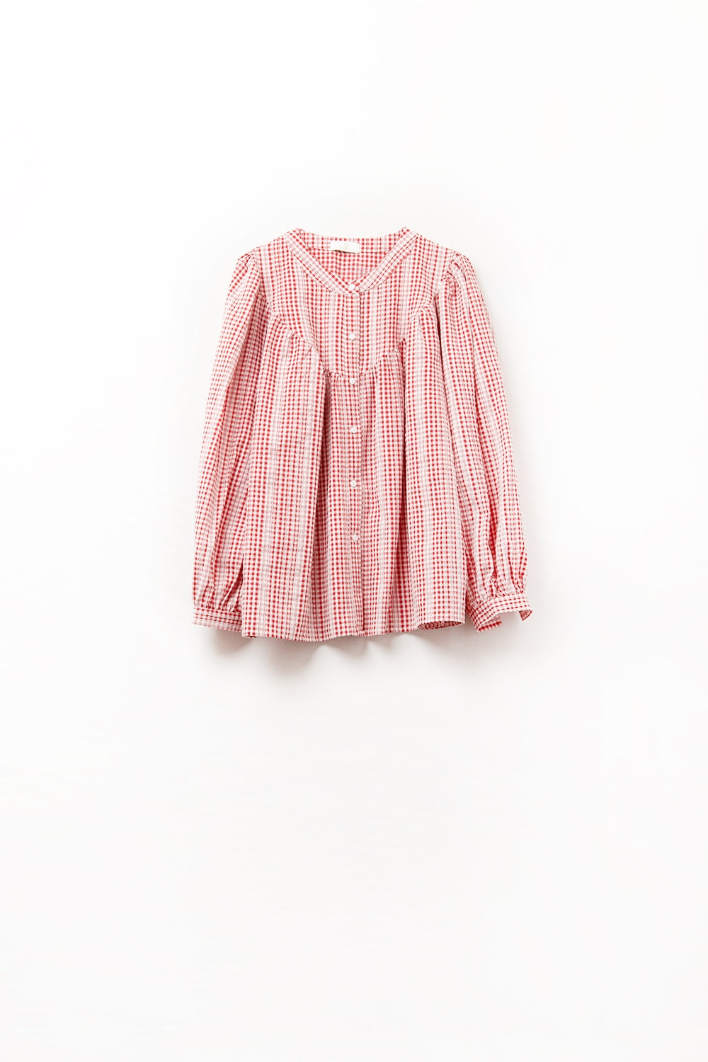 Blusa sem gola com mangas largas em vermelho e branco