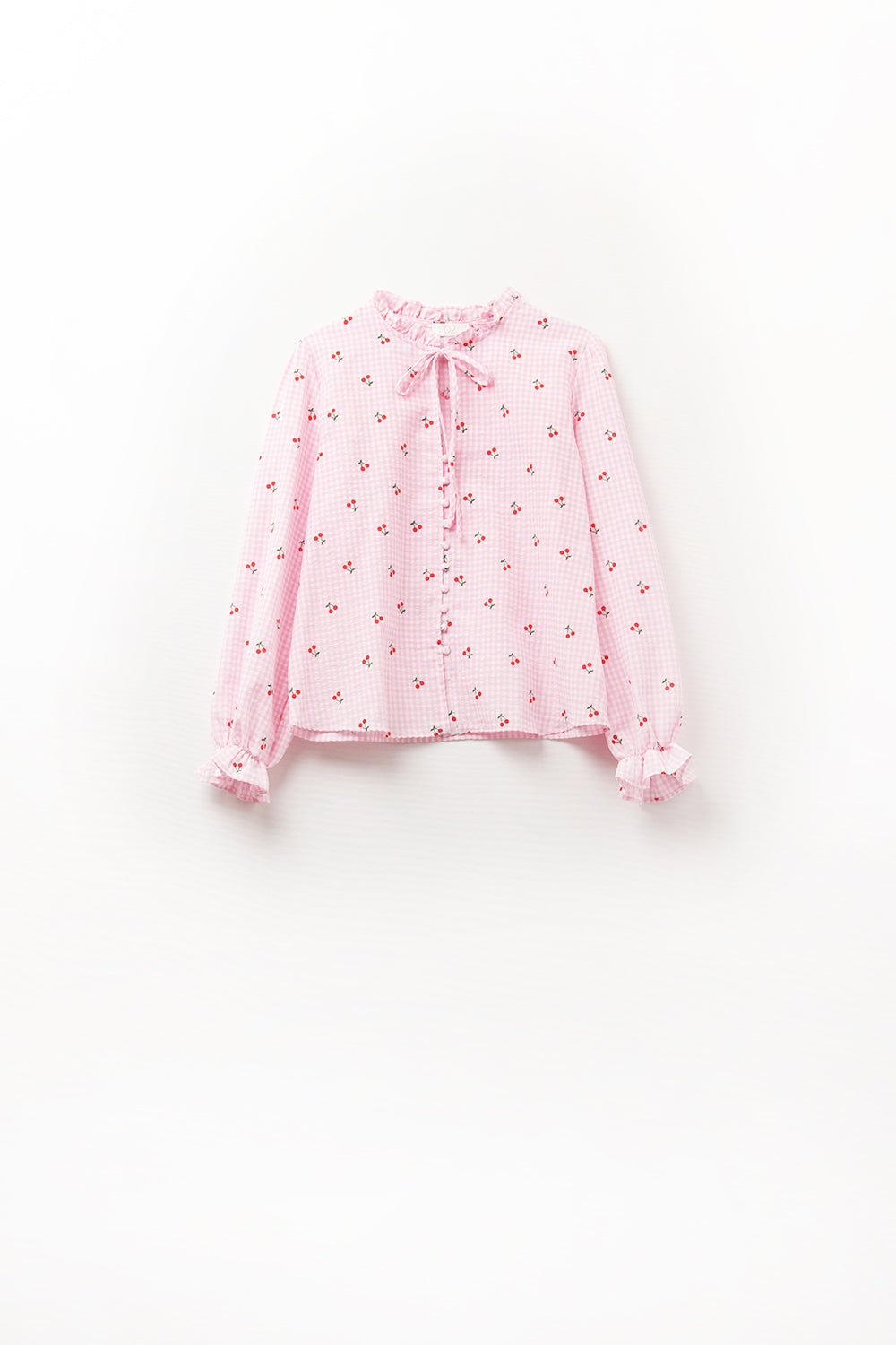Blusa cor-de-rosa com pormenores de cerejas e laço atado