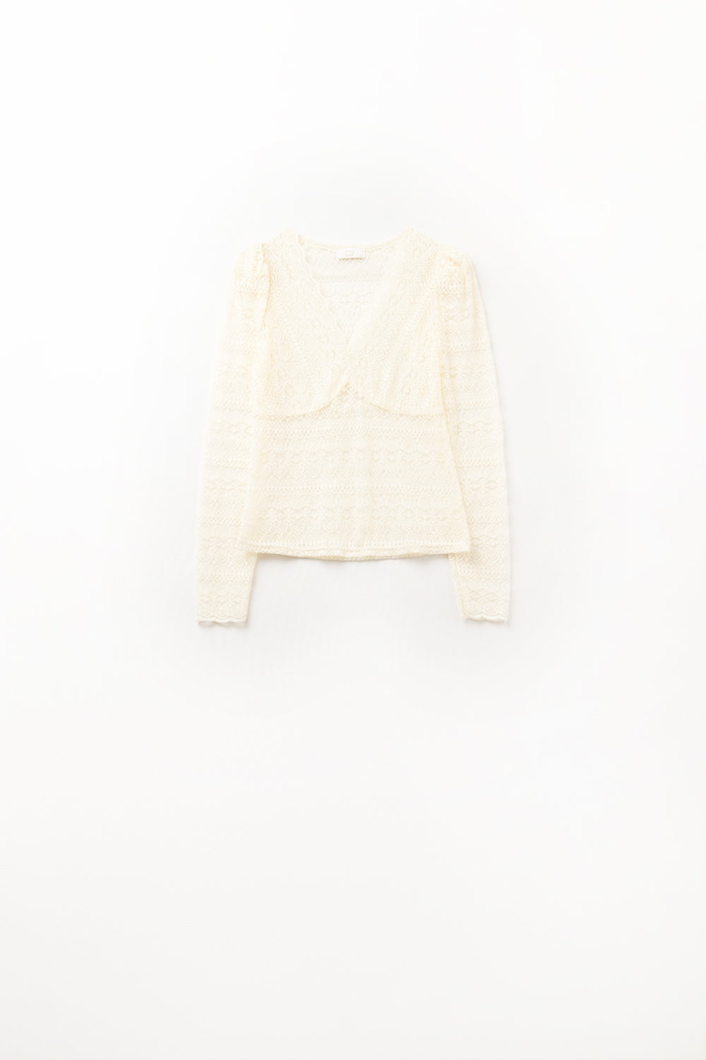 Blusa Romântica de Renda com Decote em V e Mangas Compridas em Bege