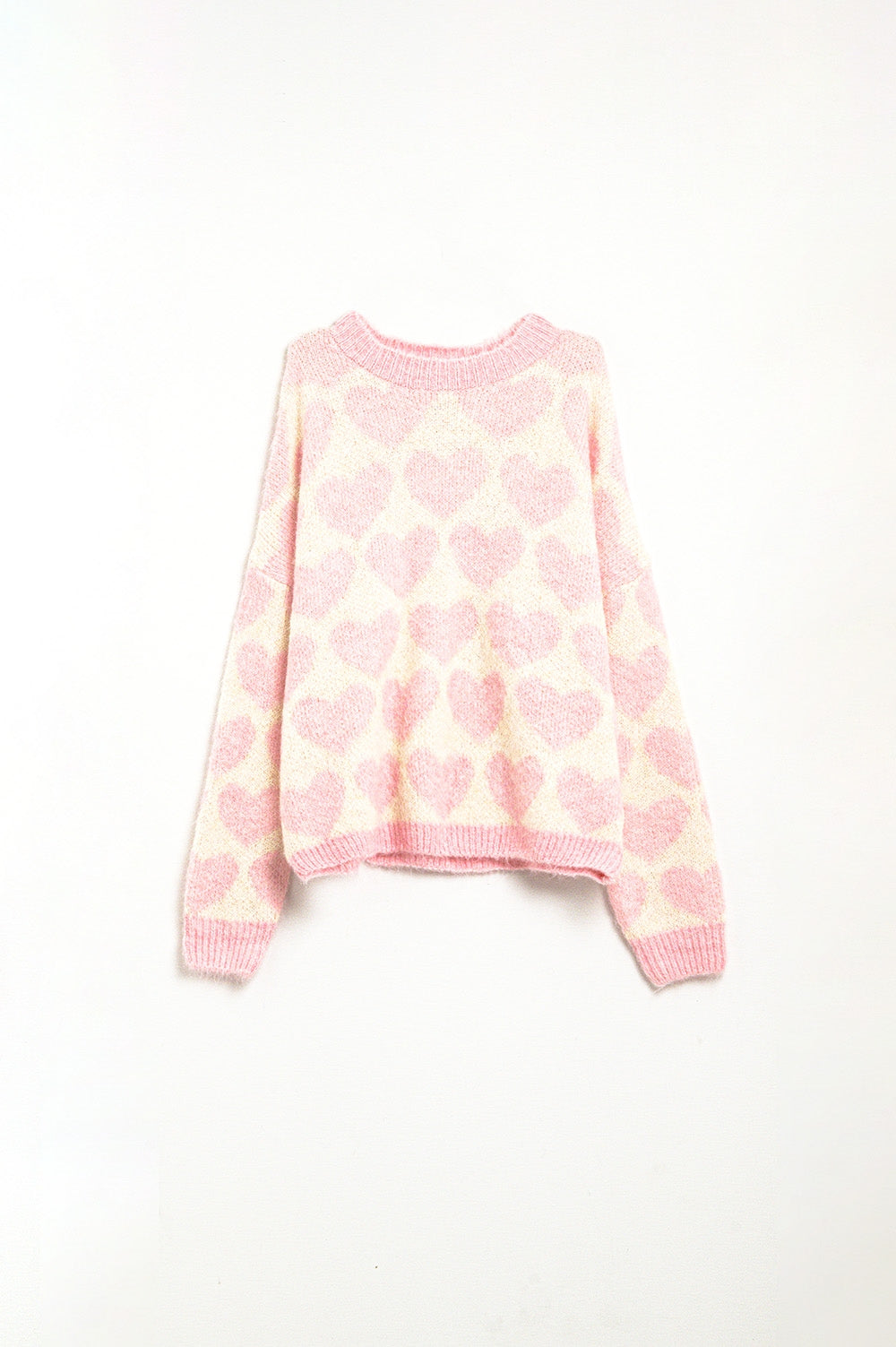 Suéter supermacio oversized creme com corações rosa por toda parte