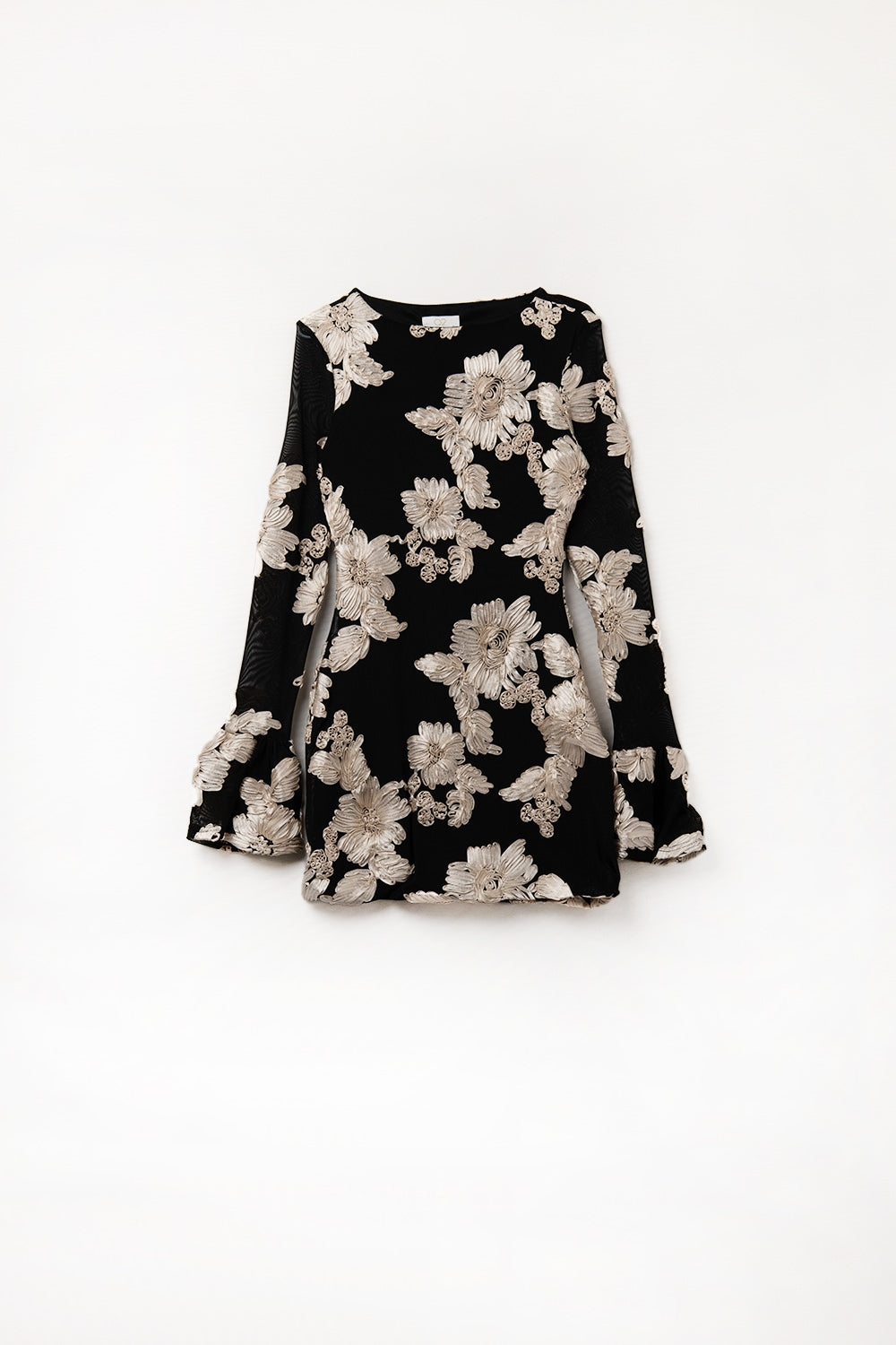 vestido mini de chiffon preto com brocado floral