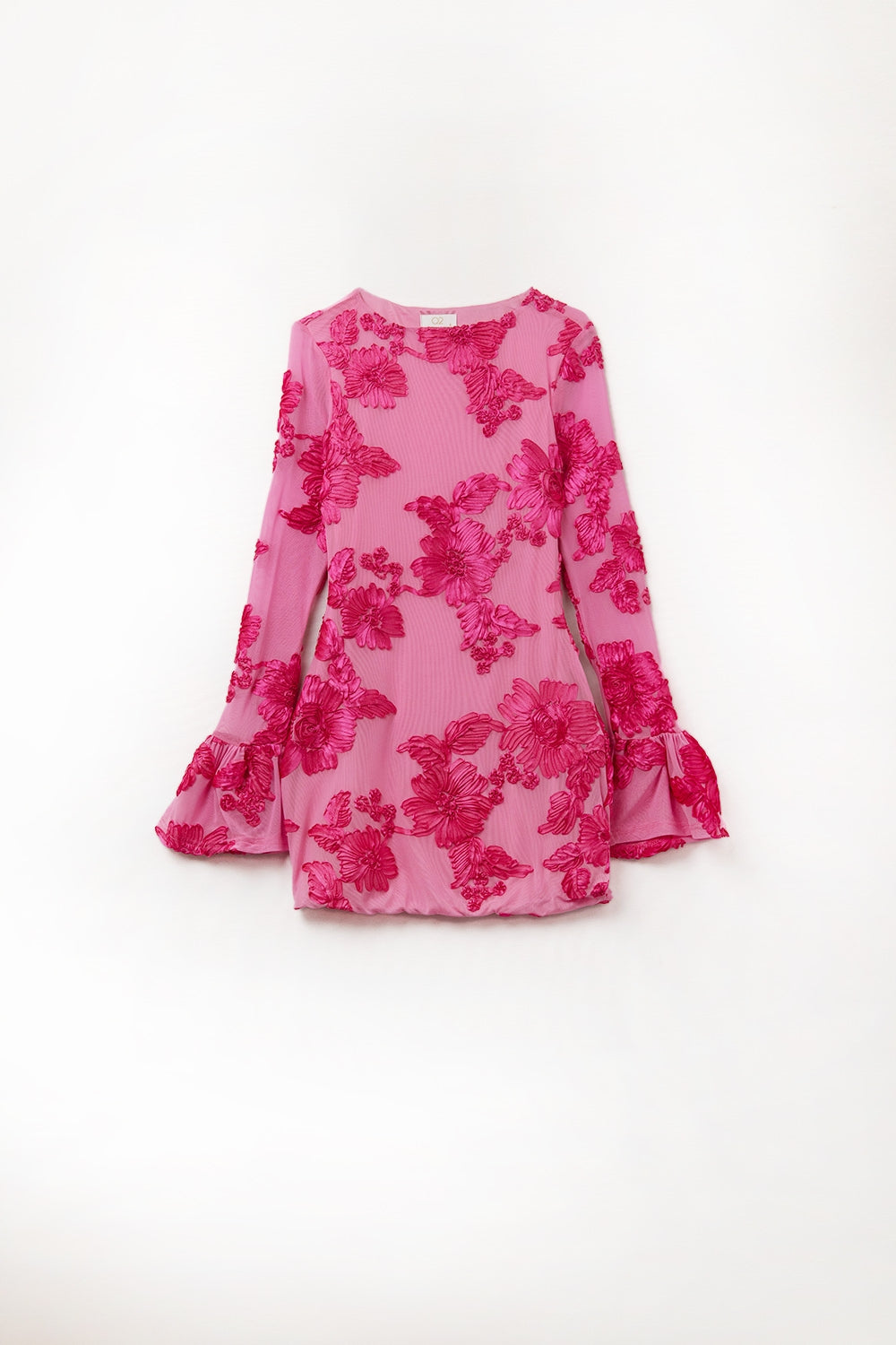 vestido mini de chiffon fúcsia com brocado floral