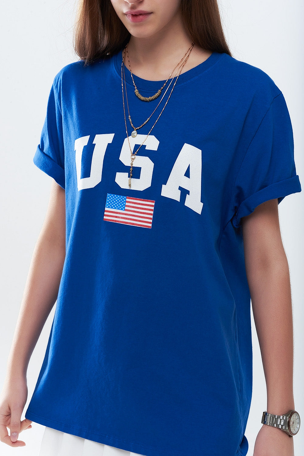 Camiseta longa azul solta com logotipo dos USA