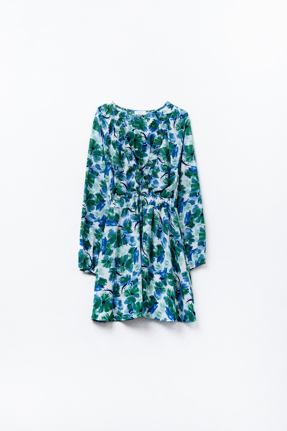 vestido curto com decote em V largo e estampa floral