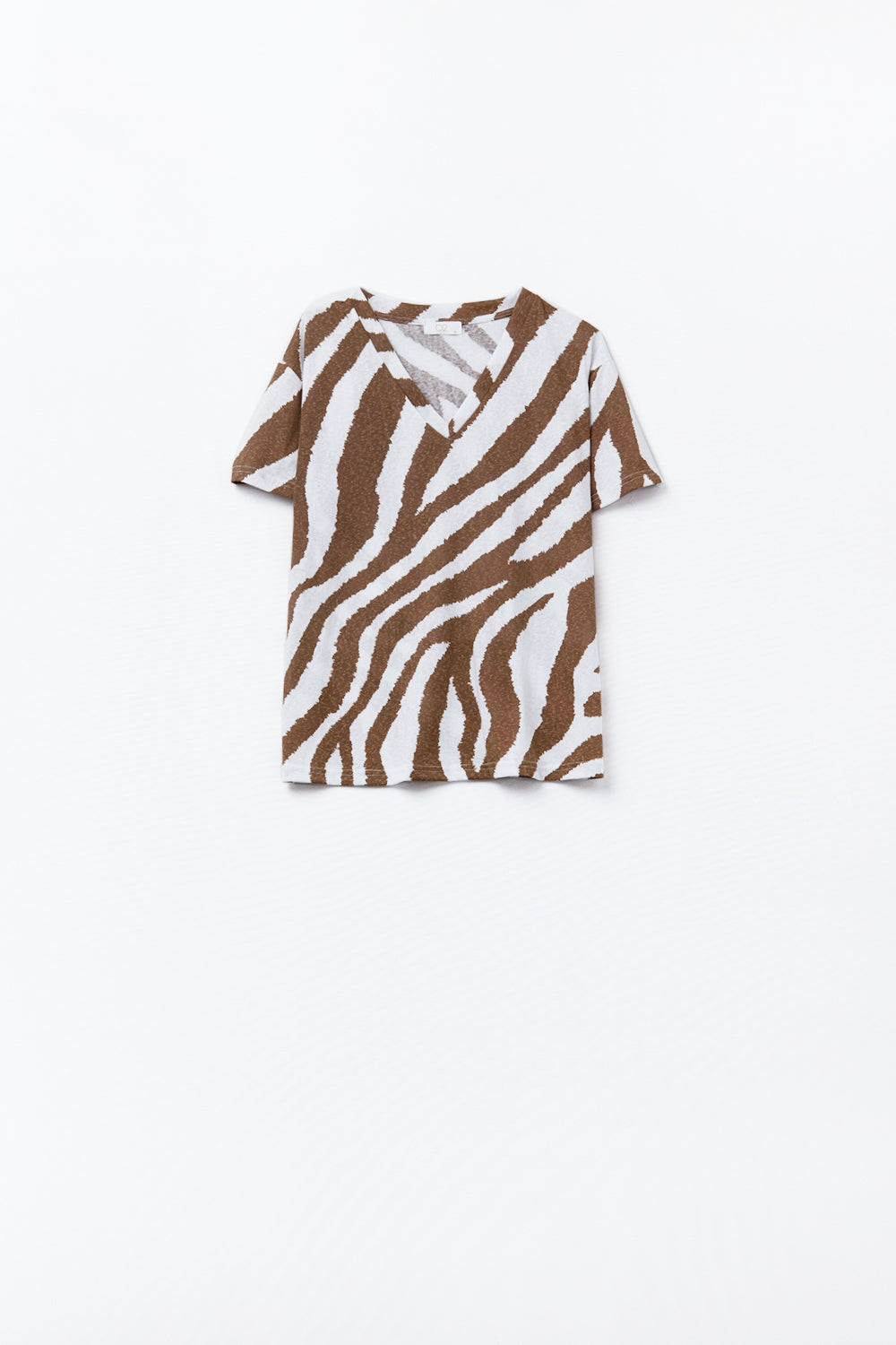 T-shirt com decote em V e estampado de zebra camel