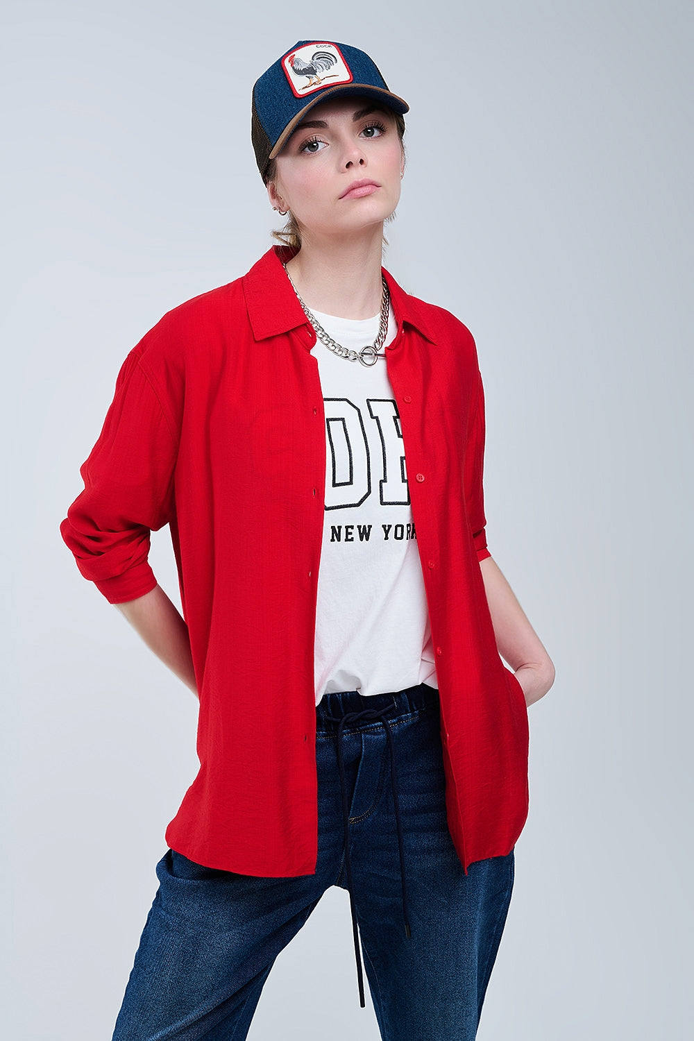 Camisa vermelha de corte descontraído Manga 3/4 e bainha alta baixa