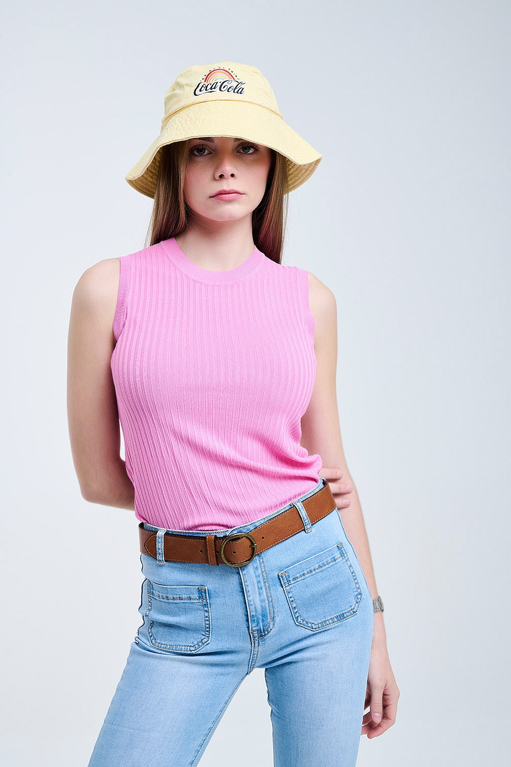 Top de malha com nervuras sem mangas em cor-de-rosa