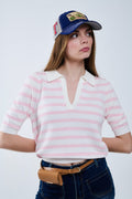 Top polo branco de malha com riscas cor-de-rosa