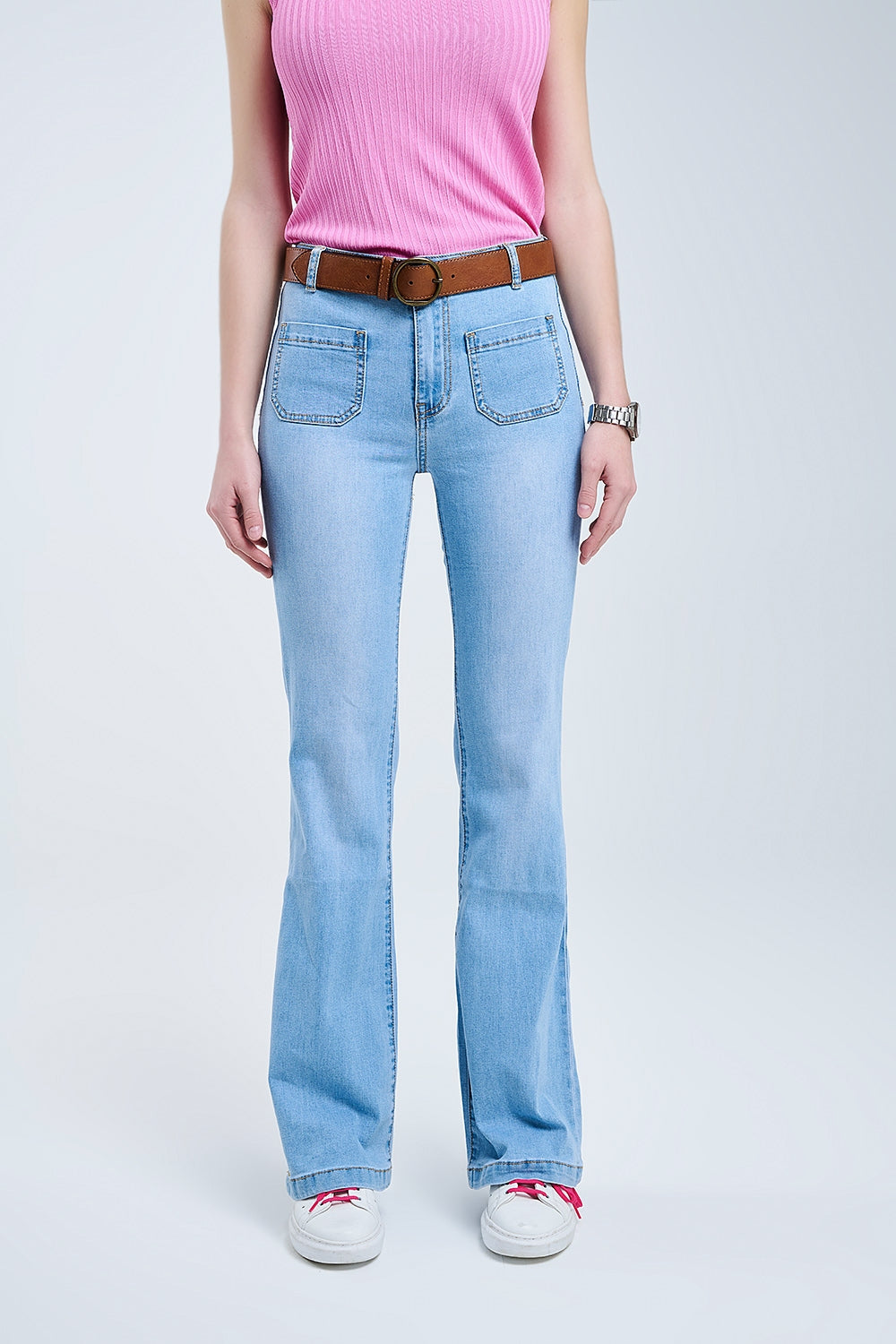 Calças de ganga Flare Skinny Light Wash com bolsos à frente