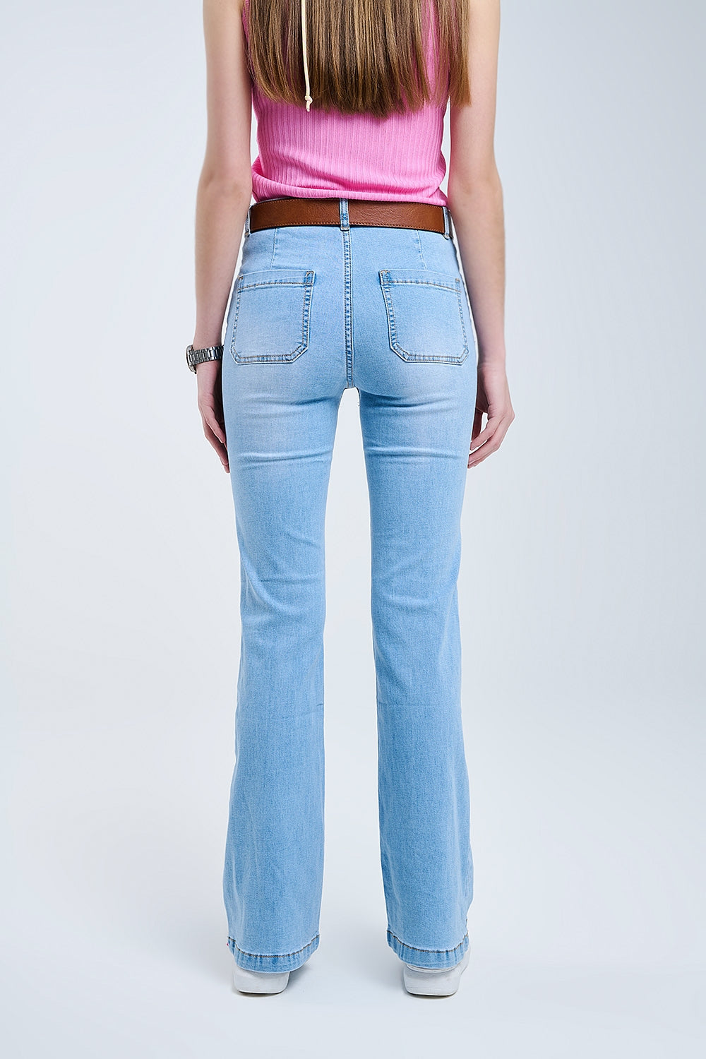 Calças de ganga Flare Skinny Light Wash com bolsos à frente