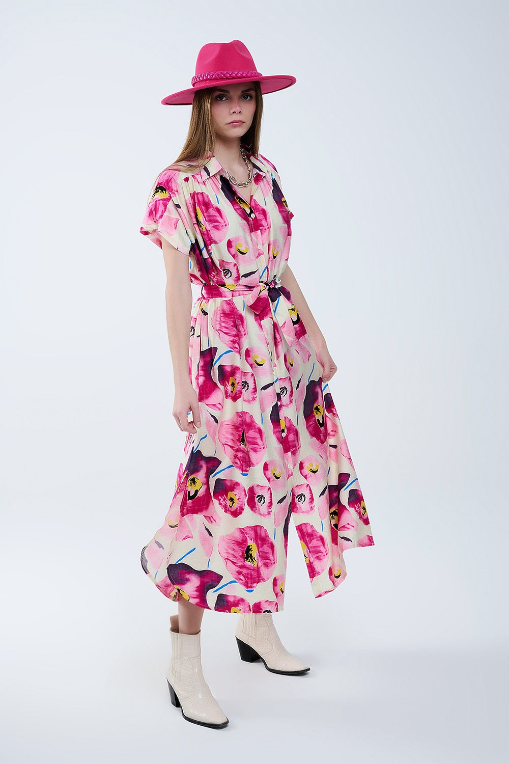 Vestido de camisa com botões com estampado floral em fúcsia