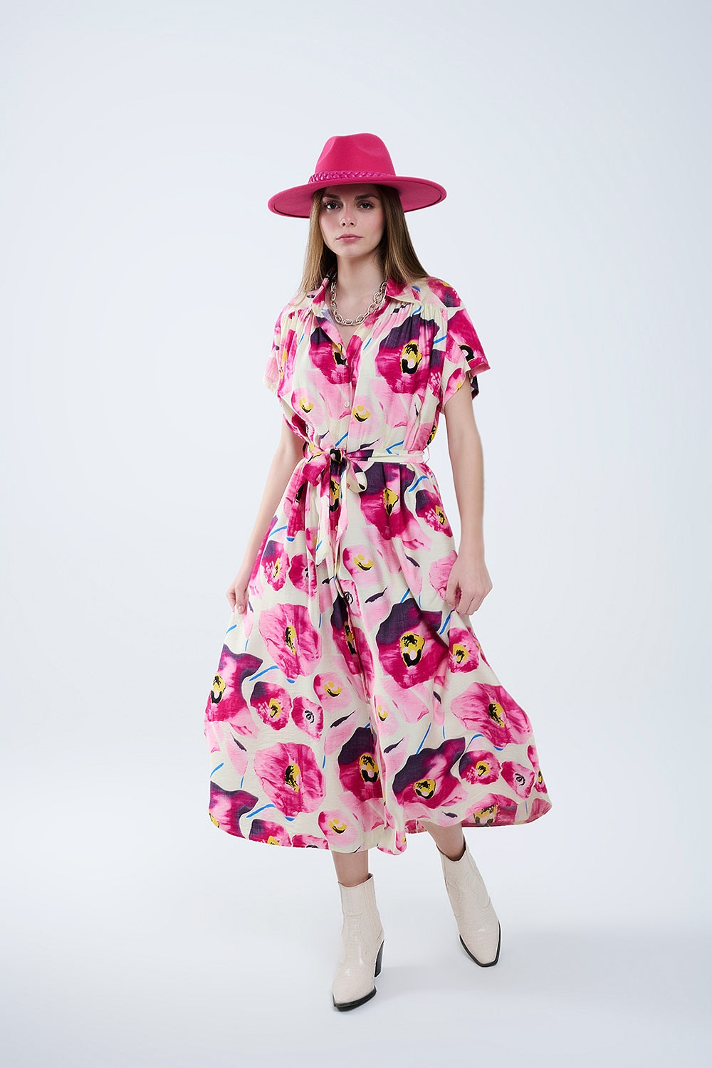 Vestido de camisa com botões com estampado floral em fúcsia