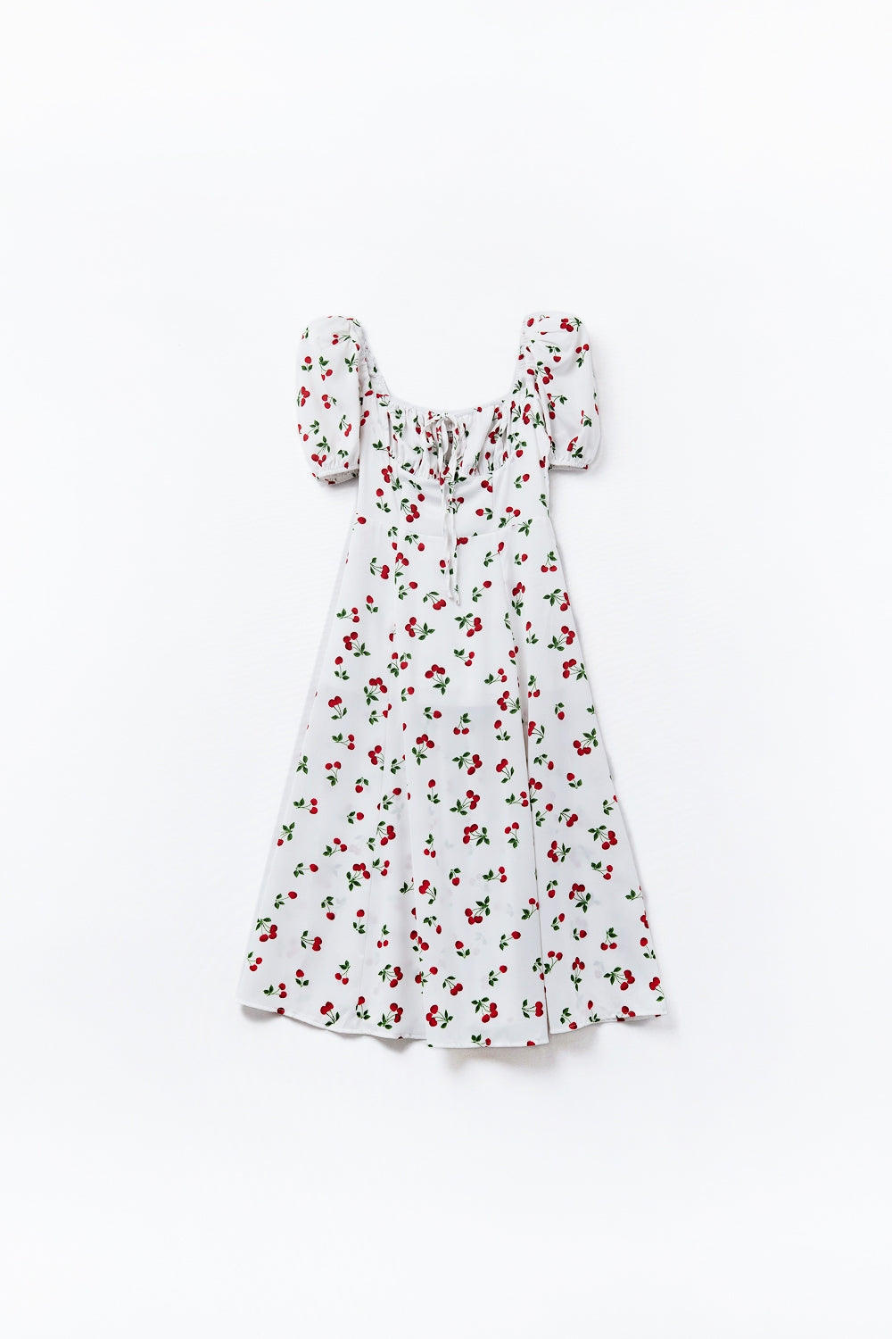 Vestido midi com estampado de cerejas e mangas bufantes