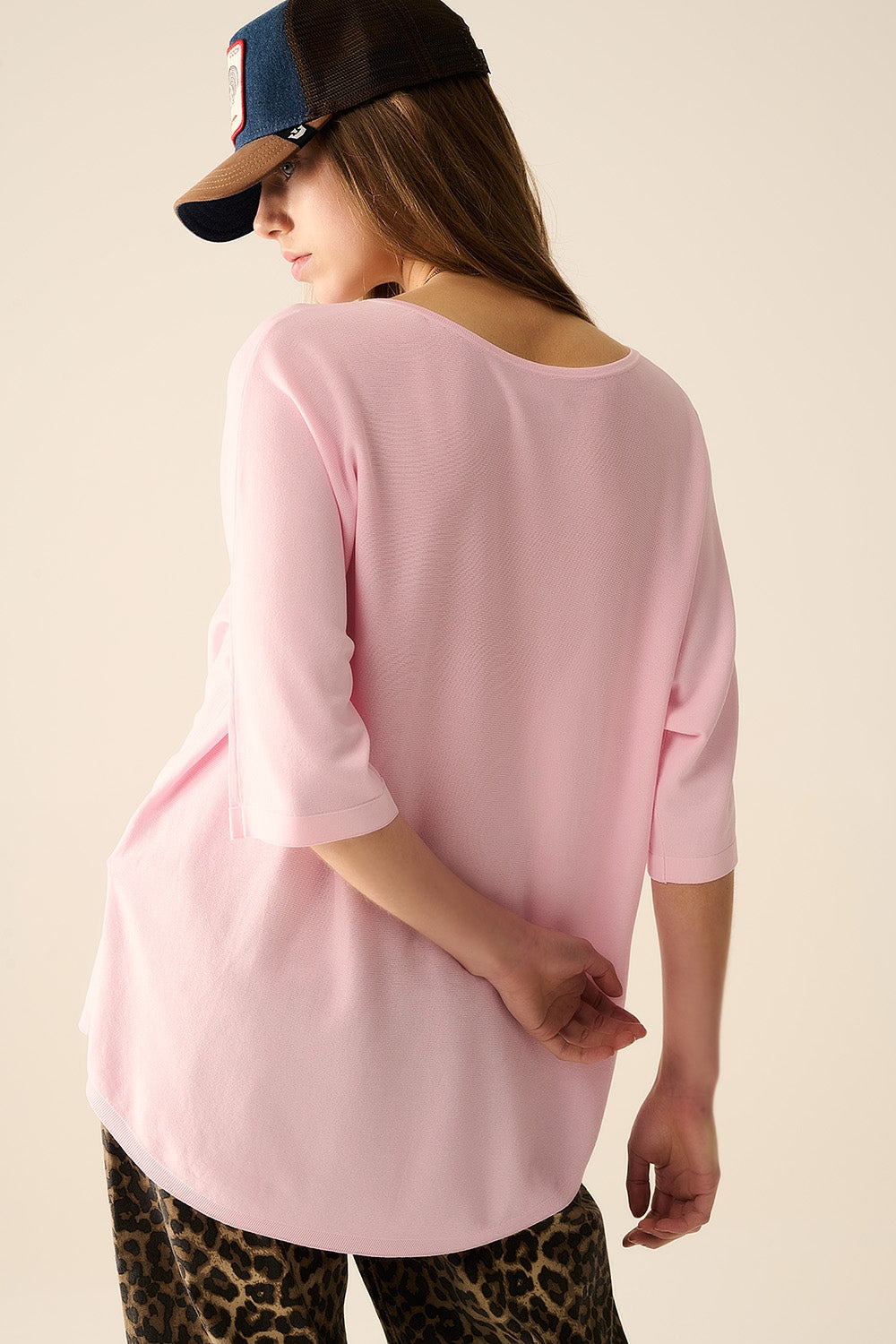 Camisola oversized em cor-de-rosa com mangas até ao cotovelo