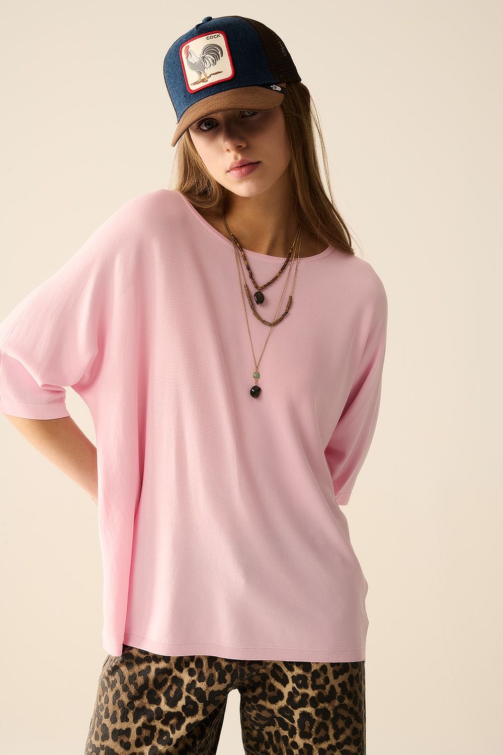 Camisola oversized em cor-de-rosa com mangas até ao cotovelo