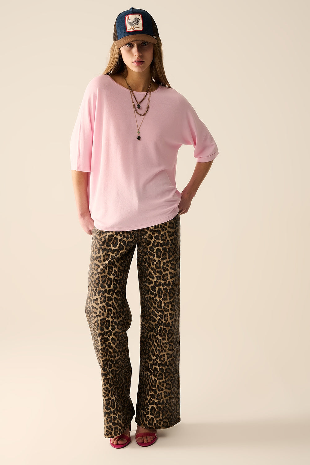 Camisola oversized em cor-de-rosa com mangas até ao cotovelo