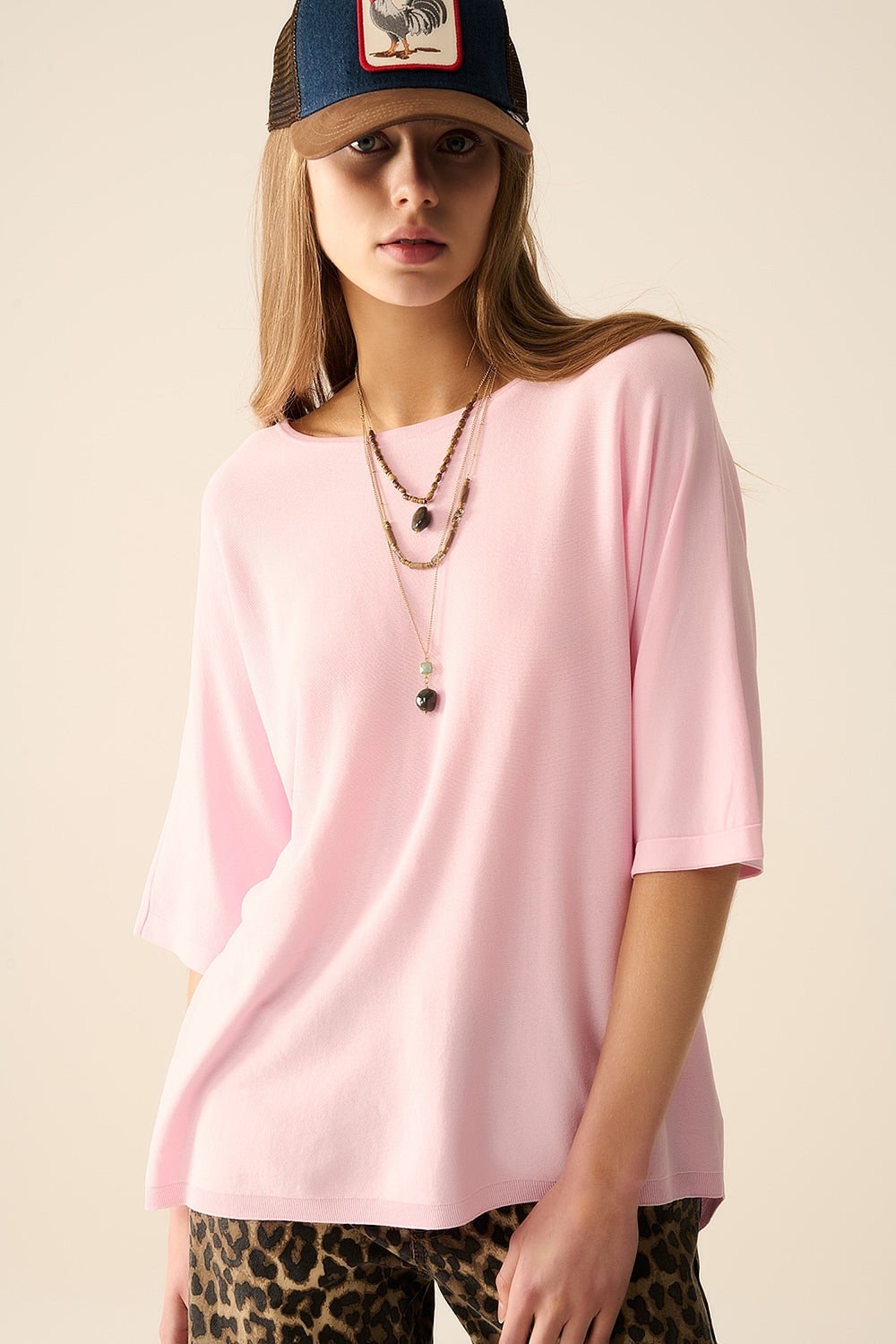 Camisola oversized em cor-de-rosa com mangas até ao cotovelo