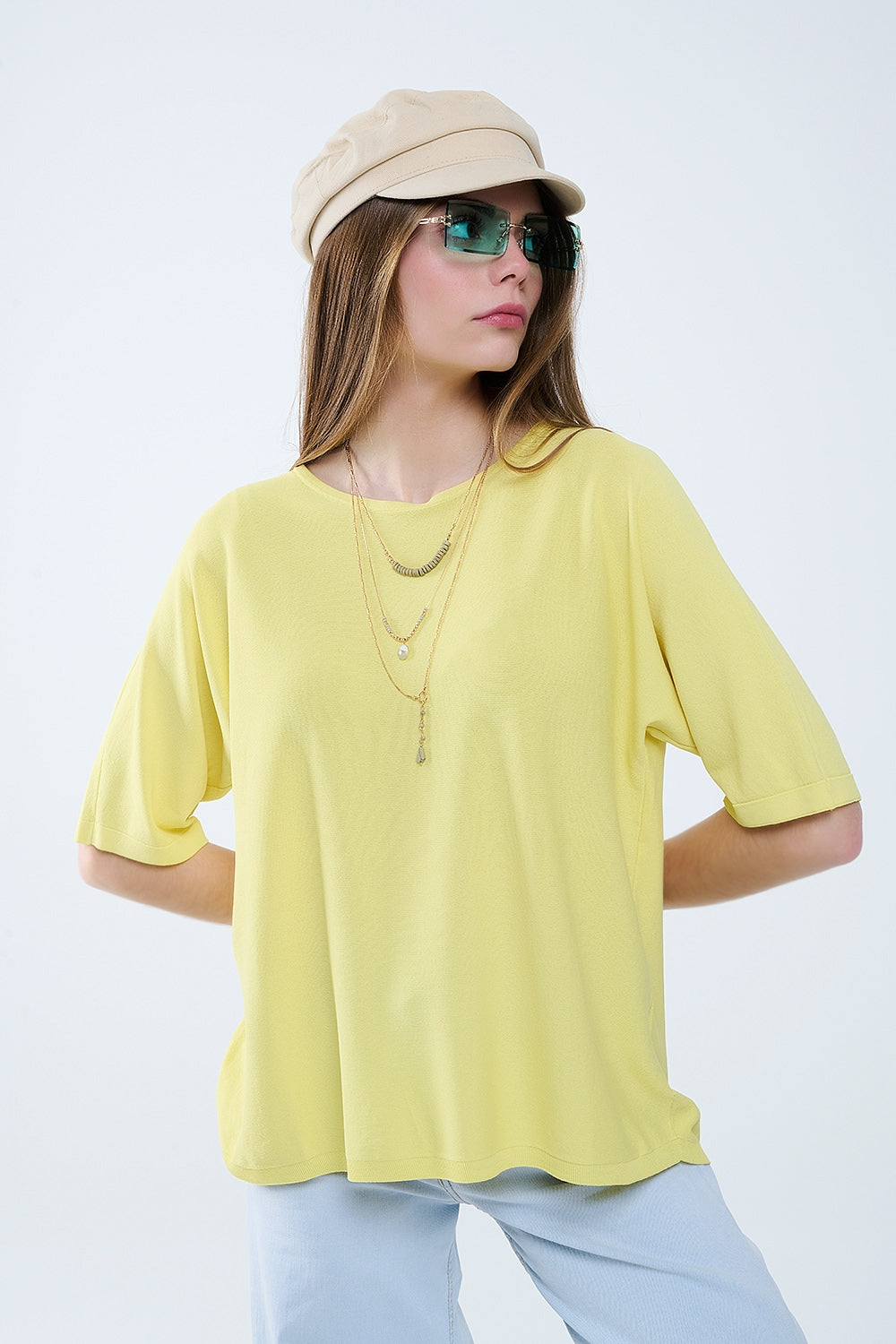 Camisola amarelo oversized com mangas até ao cotovelo