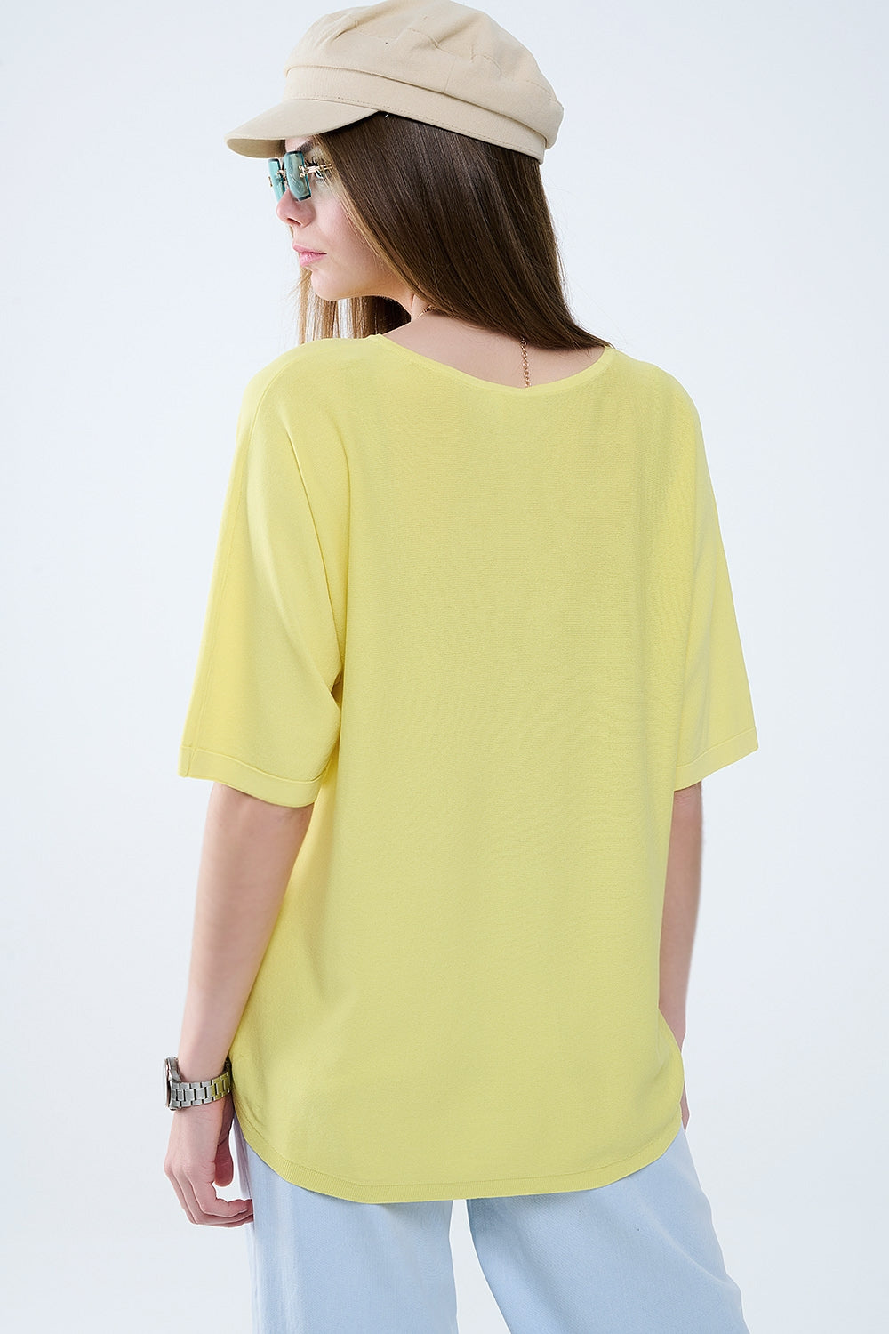 Camisola amarelo oversized com mangas até ao cotovelo