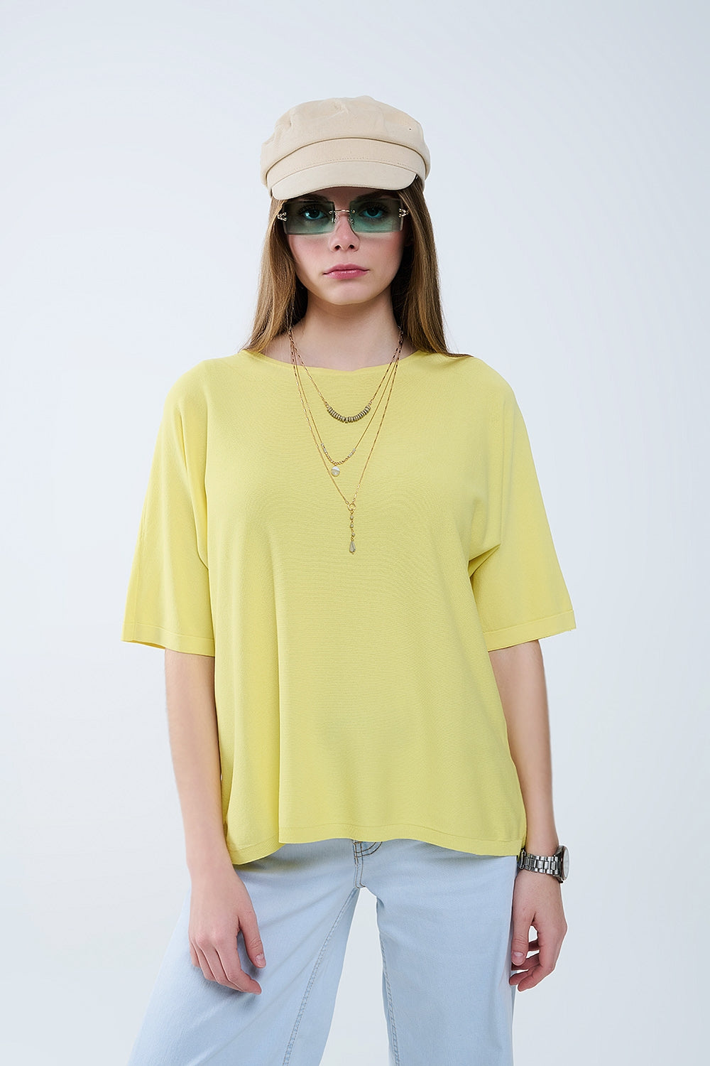 Camisola amarelo oversized com mangas até ao cotovelo