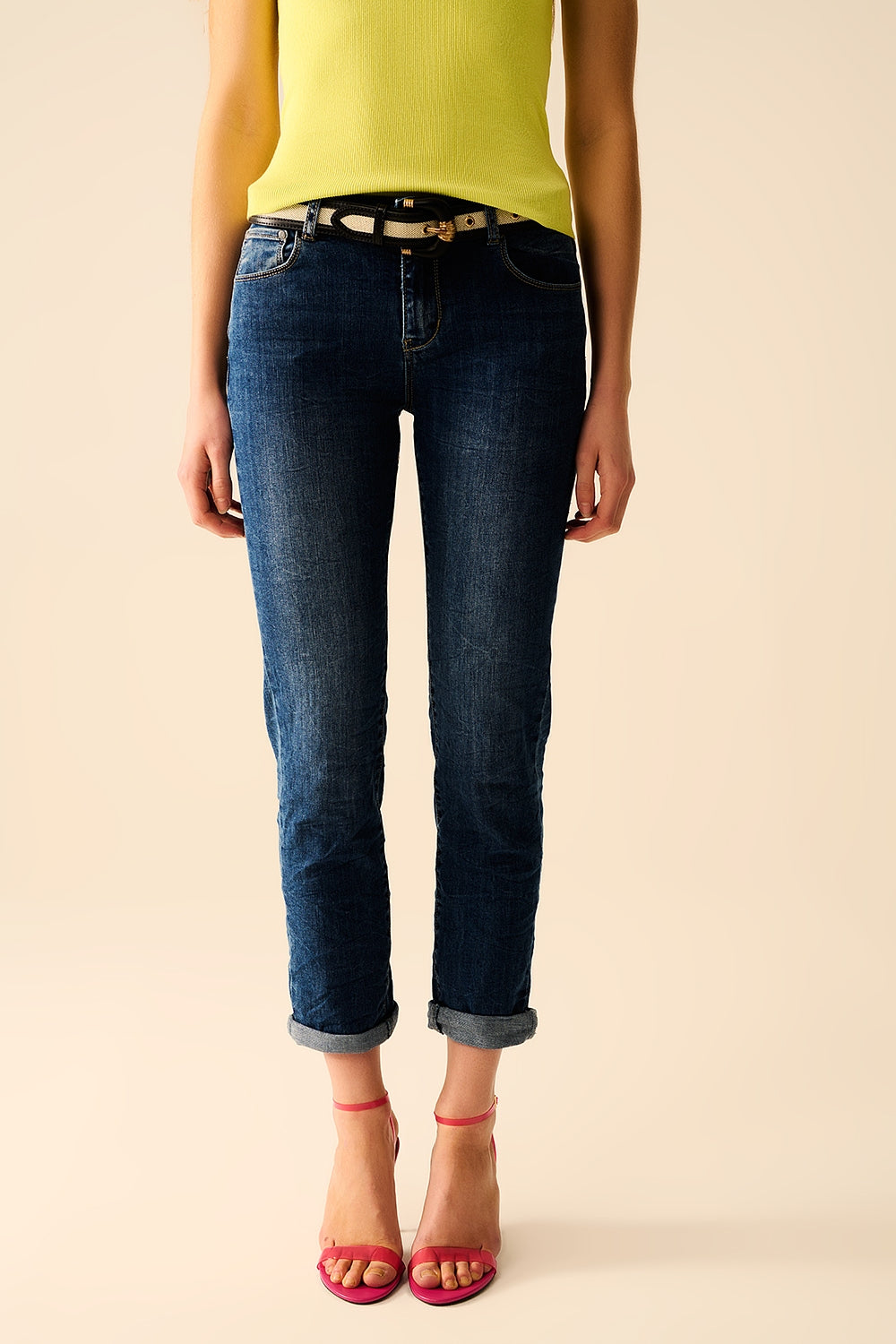 Calças de ganga Skinny de Lavagem Média e Elásticos