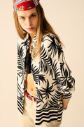 Blusa Relaxada com Motivo Tropical em Preto e Branco