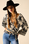 Top Cropped Branco Com Motivo Tropical em Preto